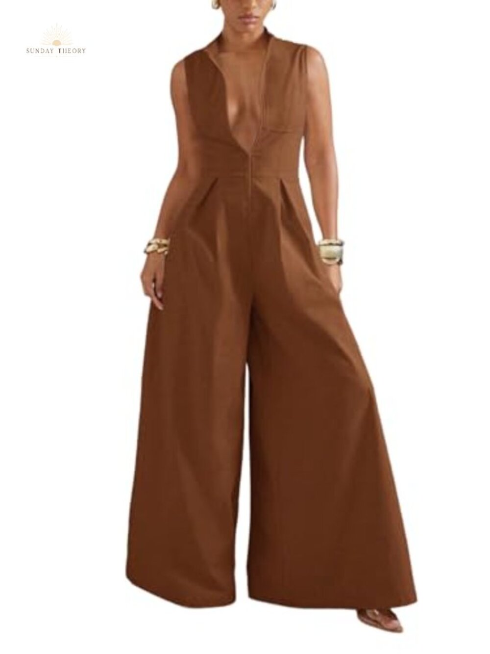 Button Front Wide Leg Formal Jumpsuit Mock Neck Zip Sleeveless Polyester